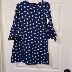 ATUN girl's polkadot blue dress,3/4 sleeves with ruffles size 5-6